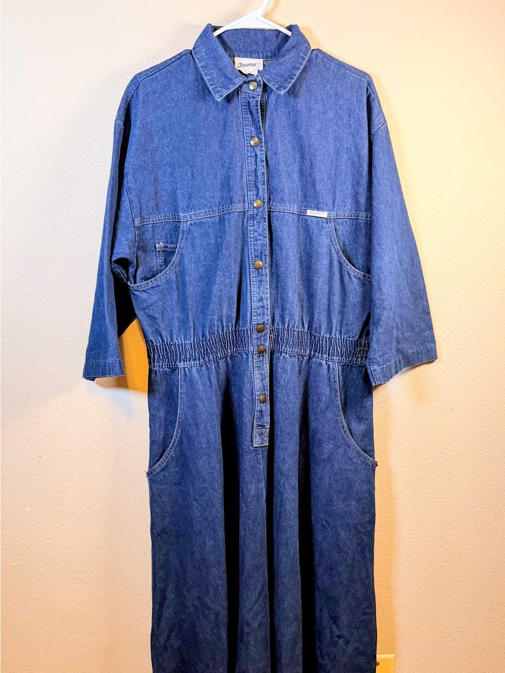Dreams vintage 80’s denim dress. Utility design collar snap buttons & pockets. L